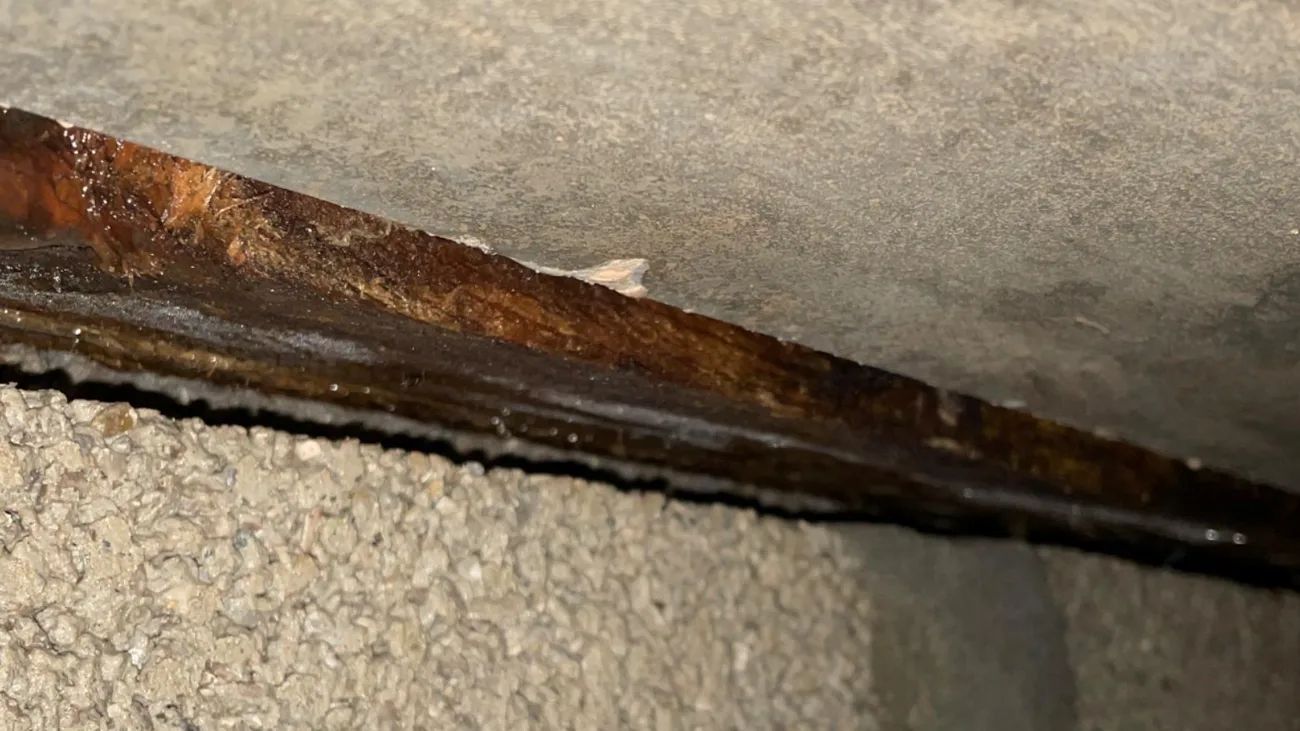 Cornière métallique de linteau rouillée sous une maçonnerie, la rouille soulève le mortier